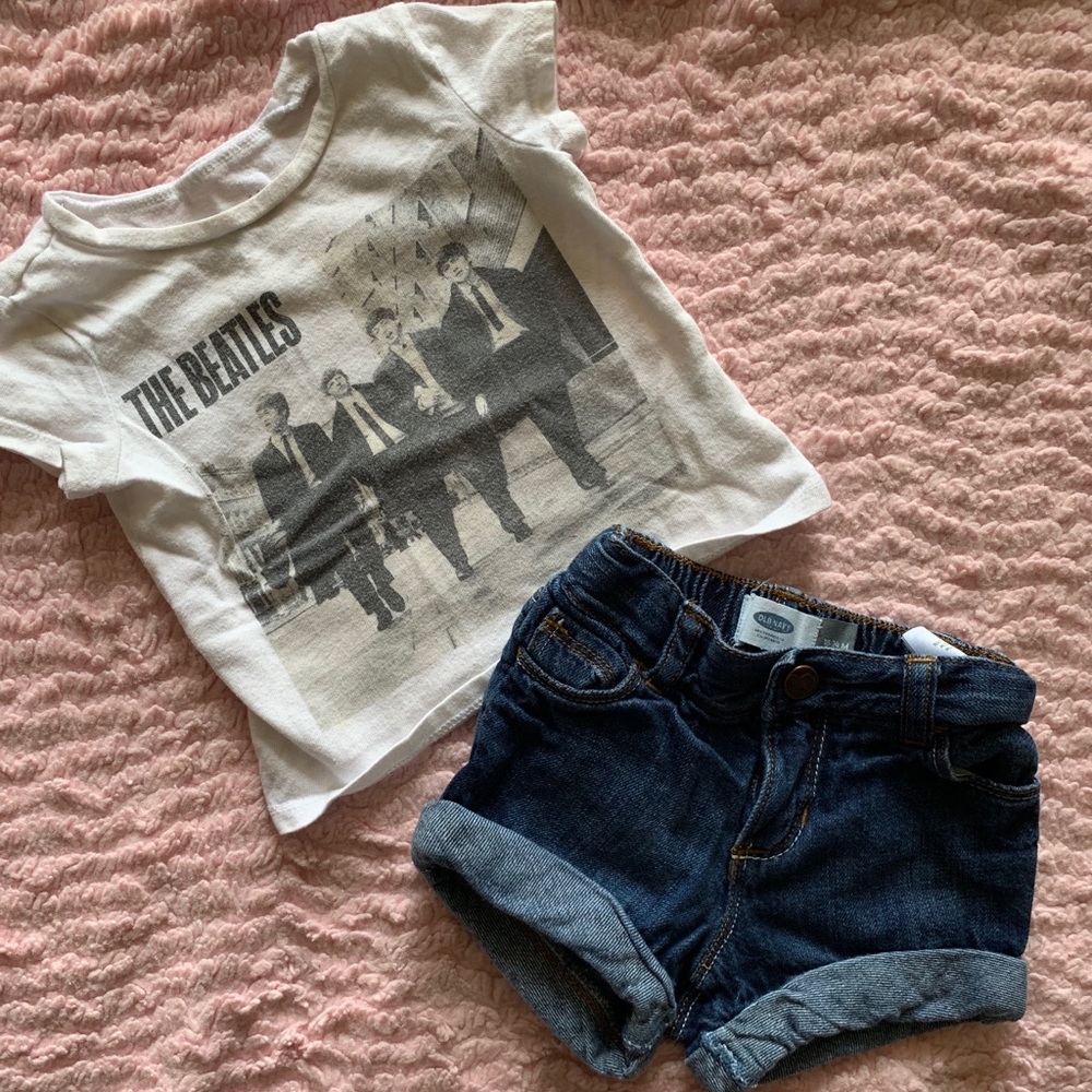 Old navy Beatles tee with rolled jean shorts.